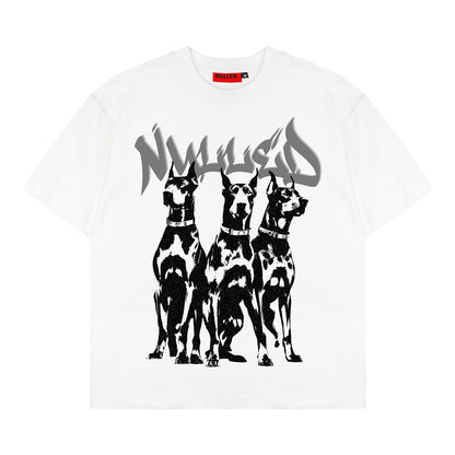 White t-shirt with black and white dog graphic and 'Ninety Percent' text on a white background