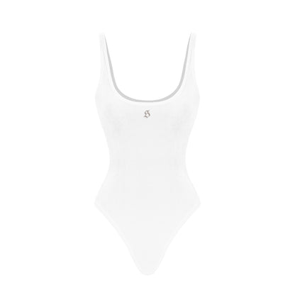 White tank top with a brand logo on a white background