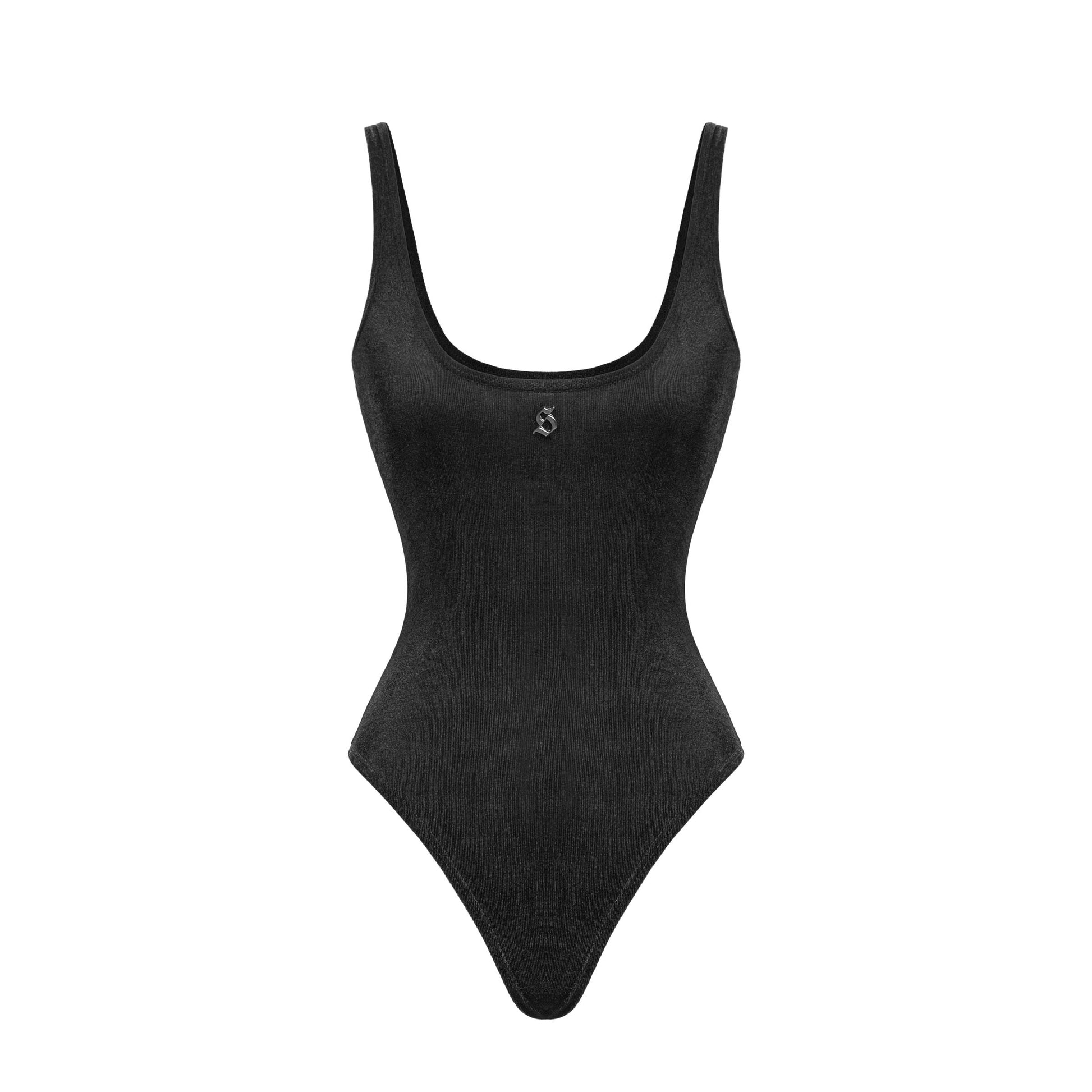 Black swimsuit with a logo on a white background
