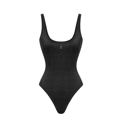 Black swimsuit with a logo on a white background