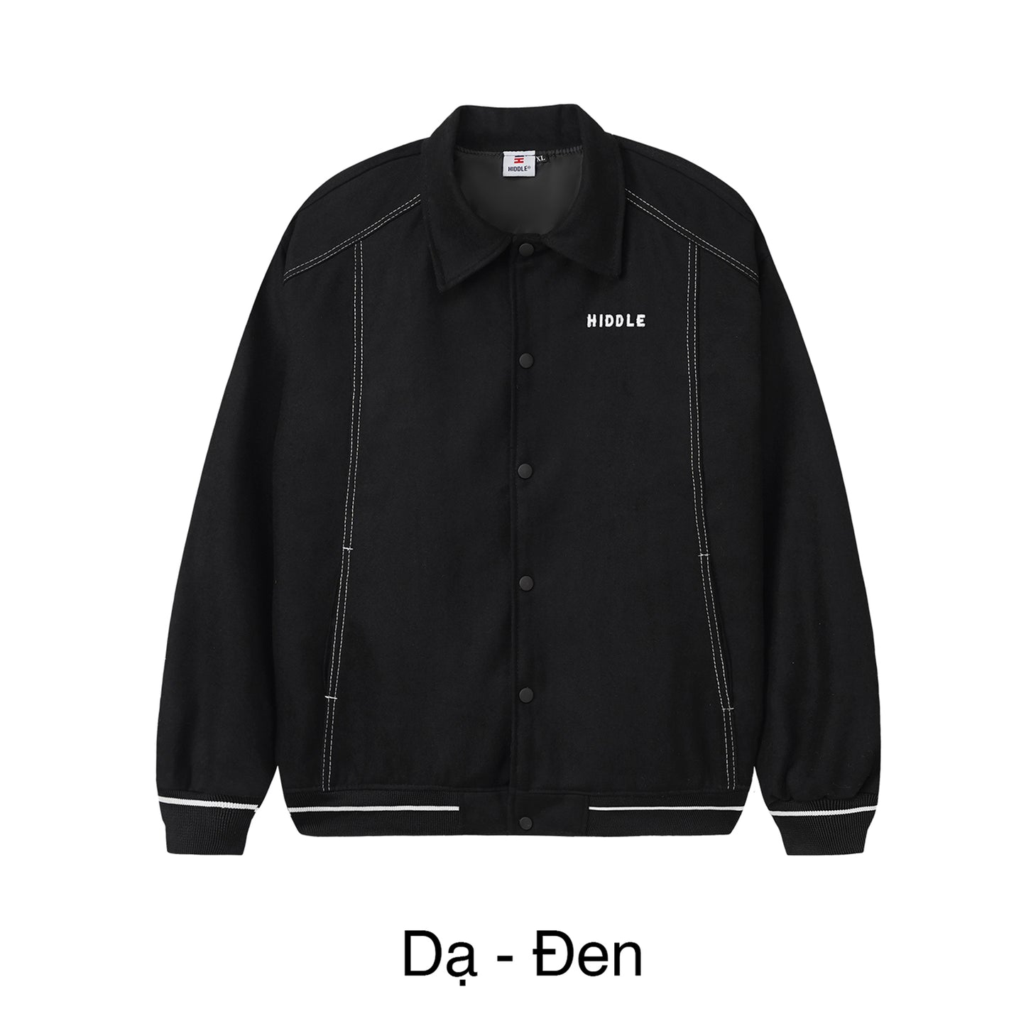 Black jacket with white text on a white background