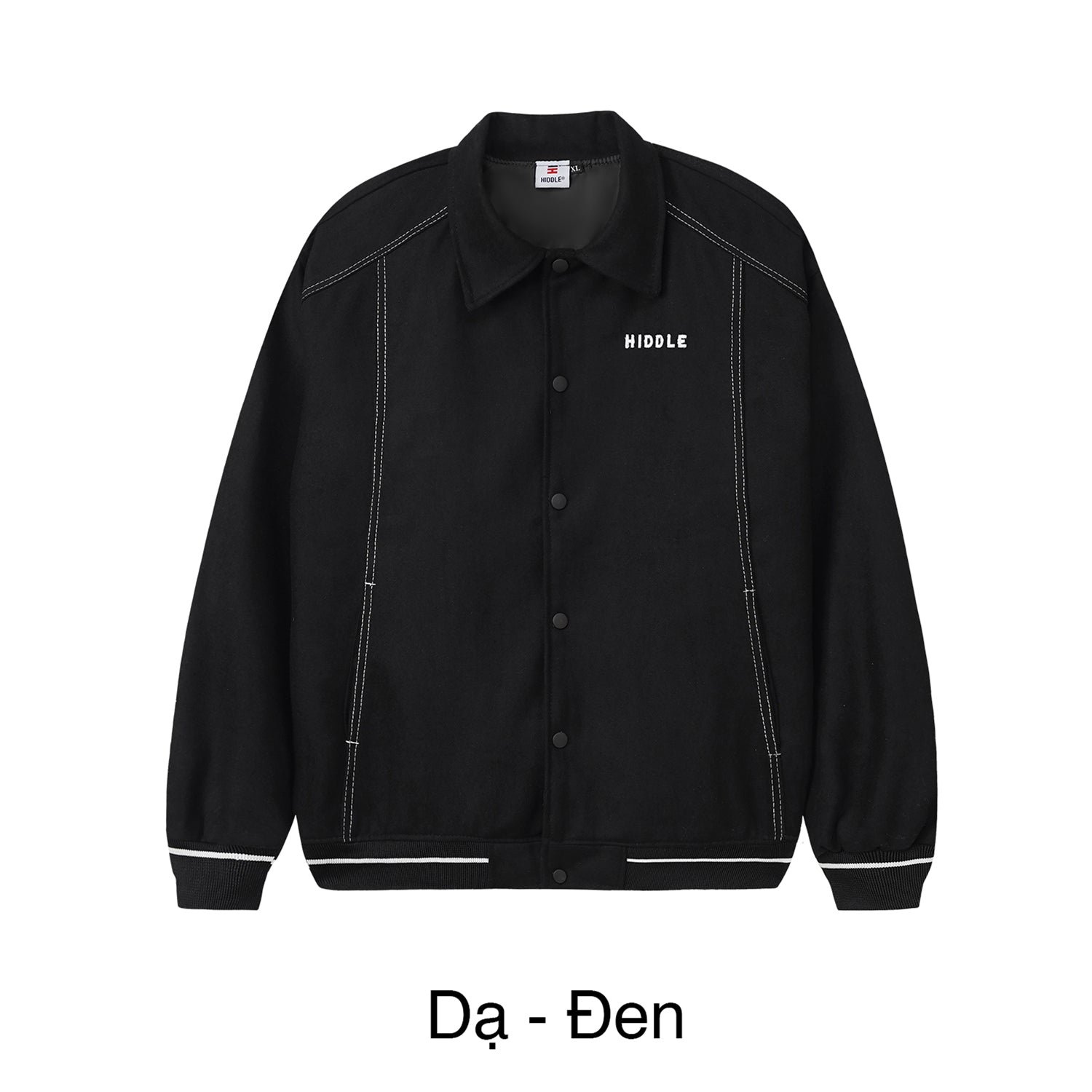 Black jacket with white text on a white background