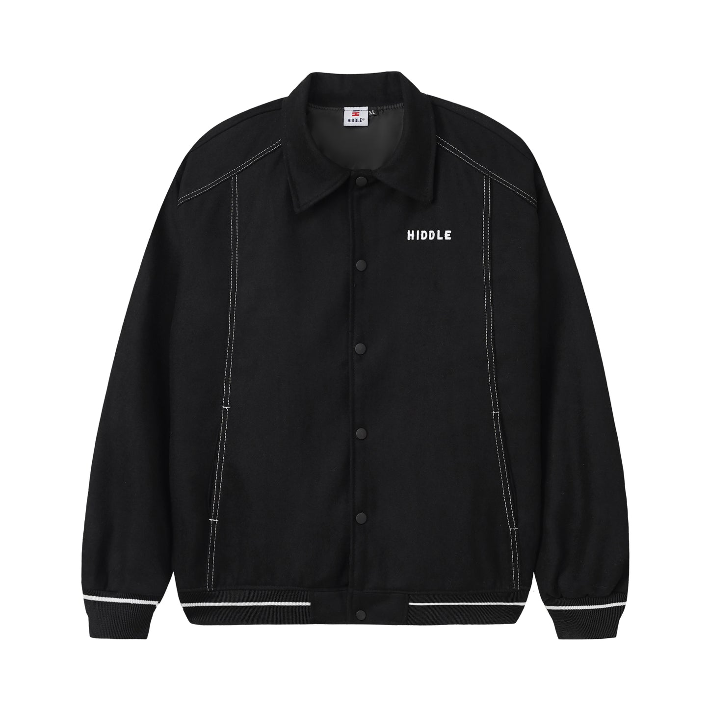 Black jacket with white text on a white background