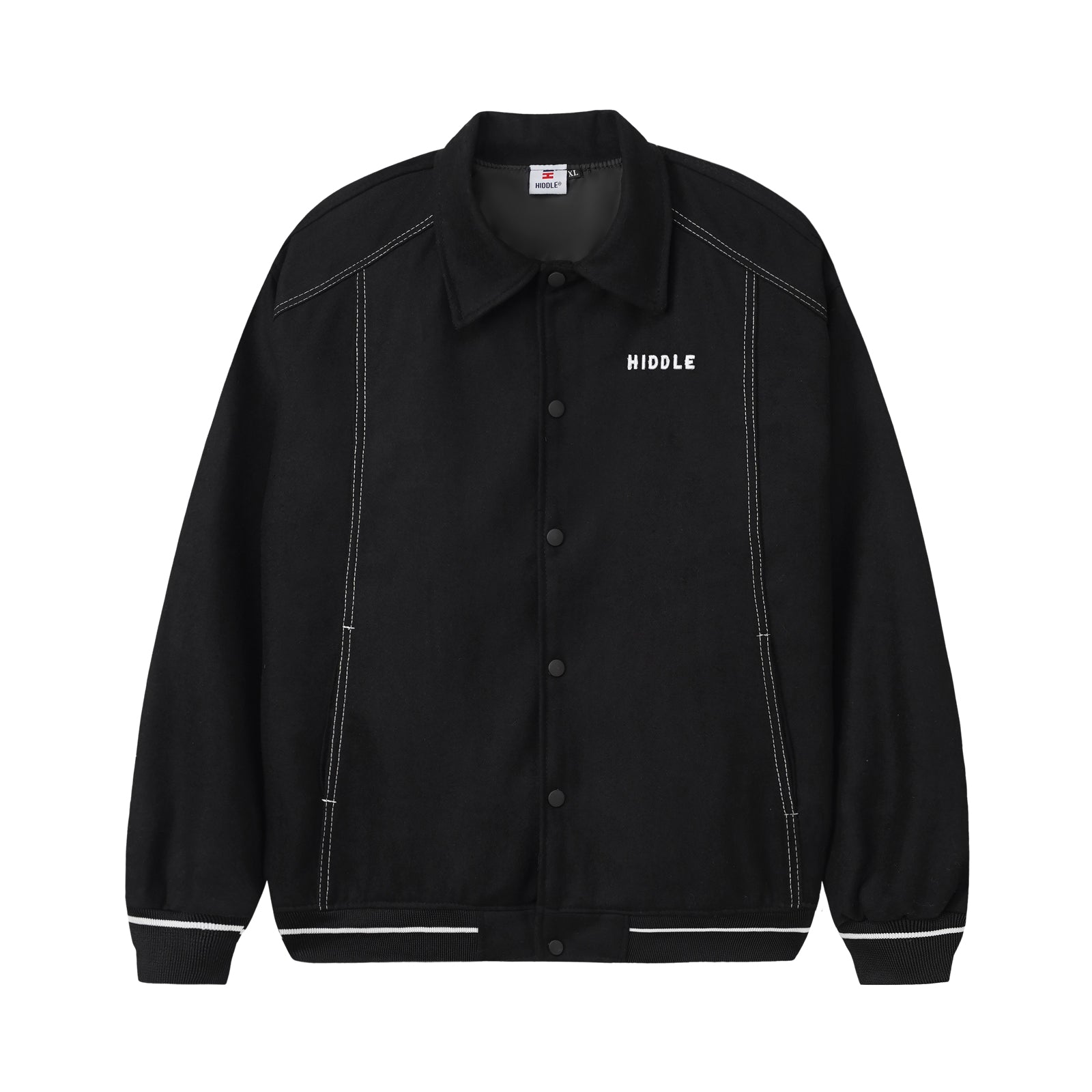 Black jacket with white text on a white background