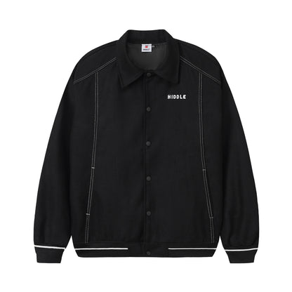 Black jacket with white text on a white background