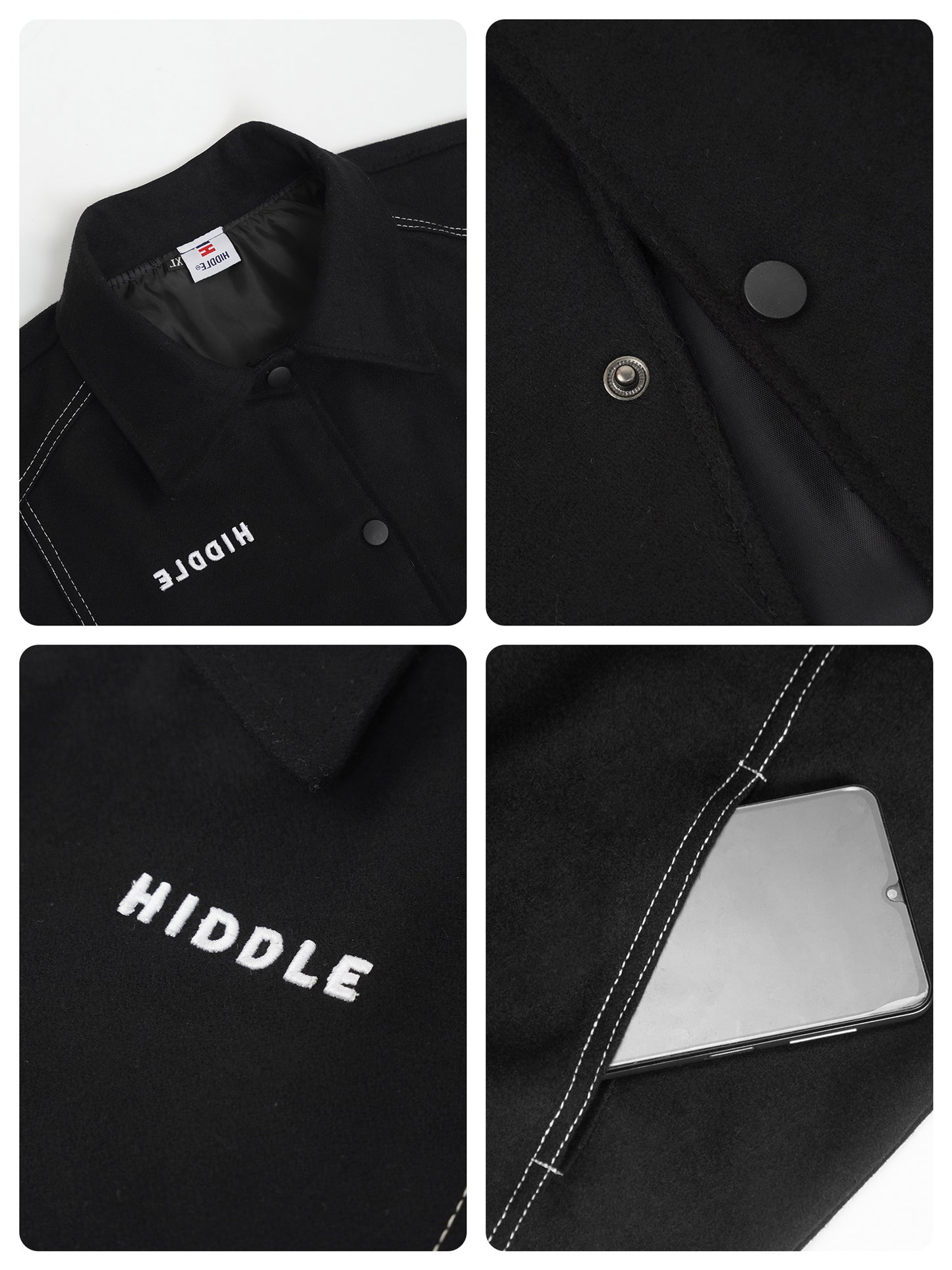 Black jacket with 'HIDDLE' branding and a button, displayed in four sectional views.
