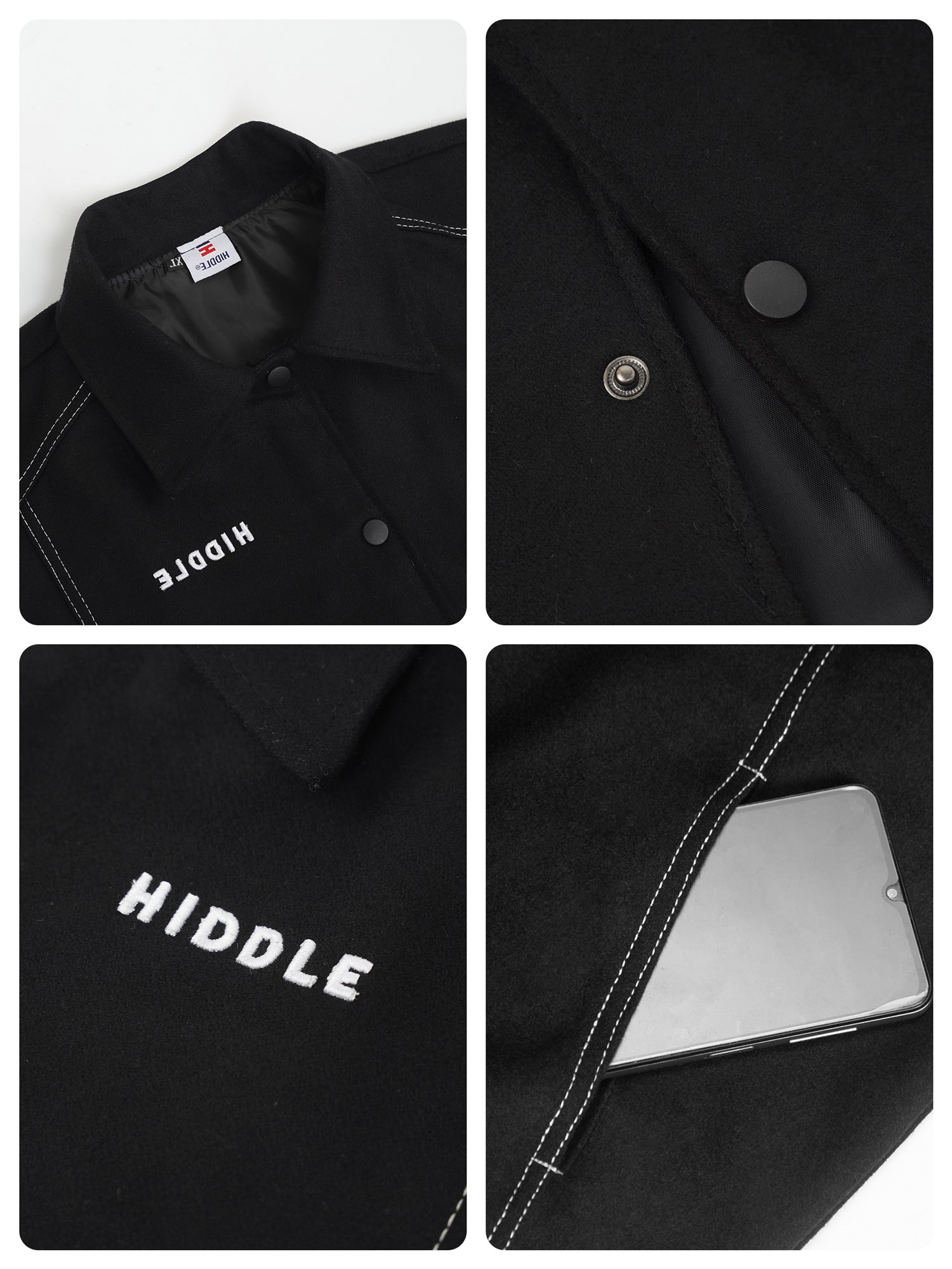 Black jacket with 'HIDDLE' branding and a button, displayed in four sectional views.