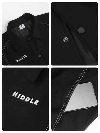 Black jacket with 'HIDDLE' branding and a button, displayed in four sectional views.