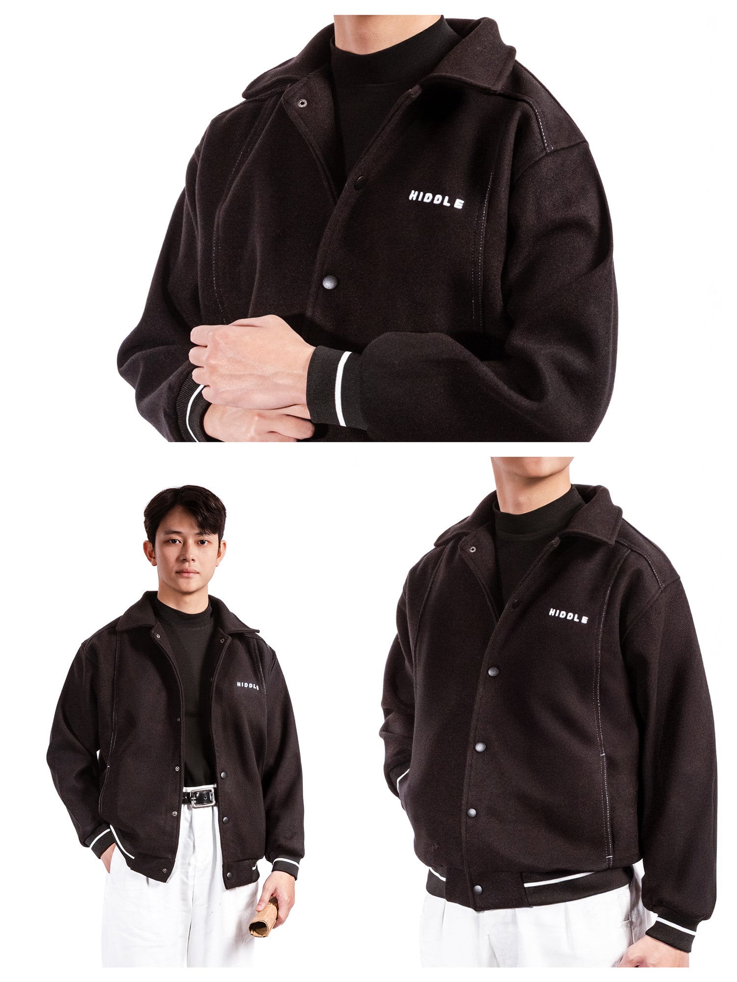 Black jacket with brand logo worn by a person on a white background