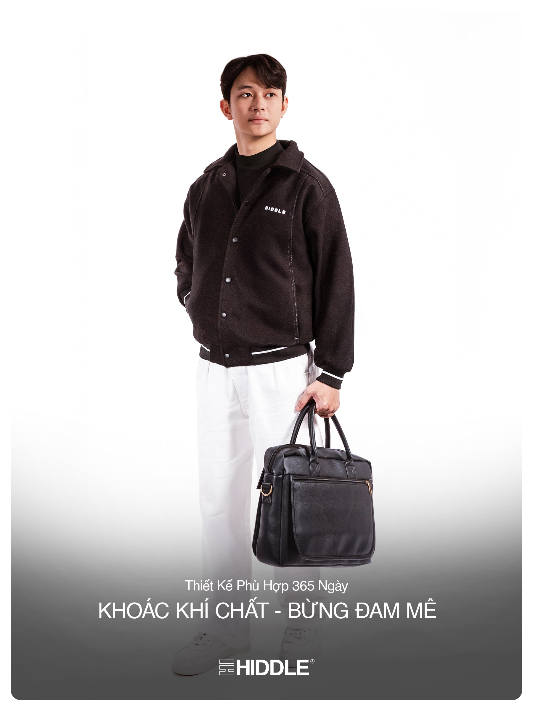 Man holding a black briefcase with 'Hiddle' branding on a white background