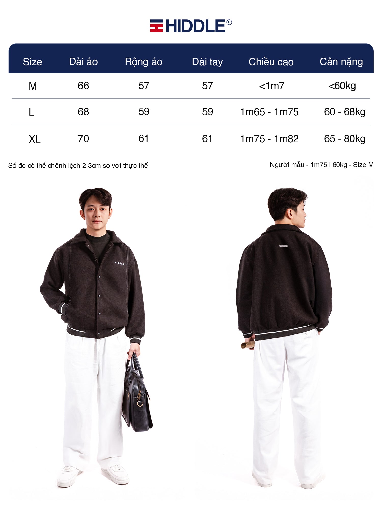 Hiddle jacket size chart with two models wearing the jacket.