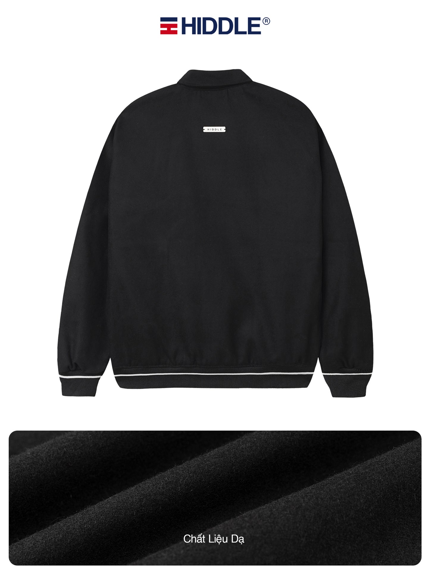 Black jacket with white trim on a white background, featuring the Hiddle brand logo.