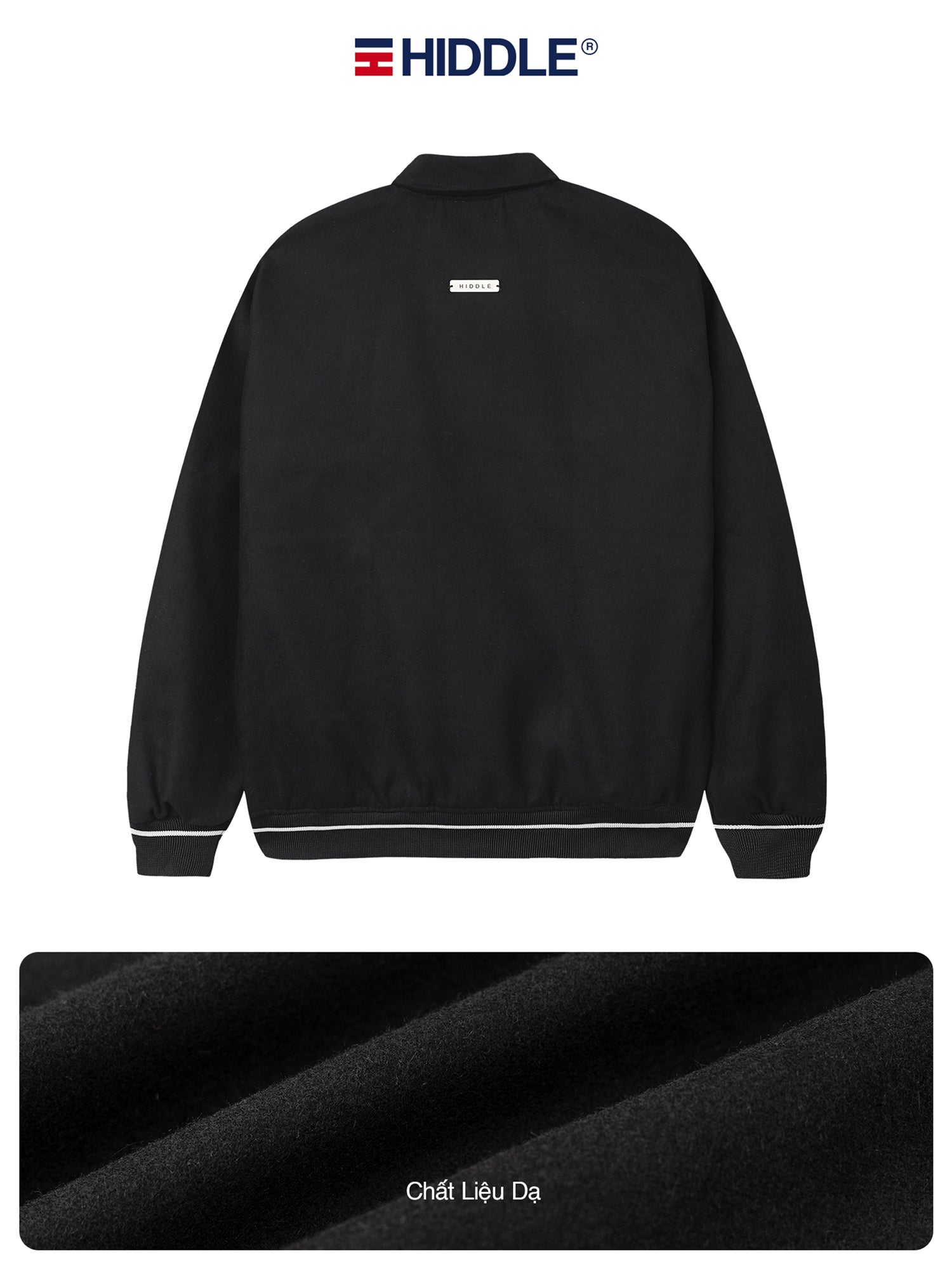 Black jacket with white trim on a white background, featuring the Hiddle brand logo.