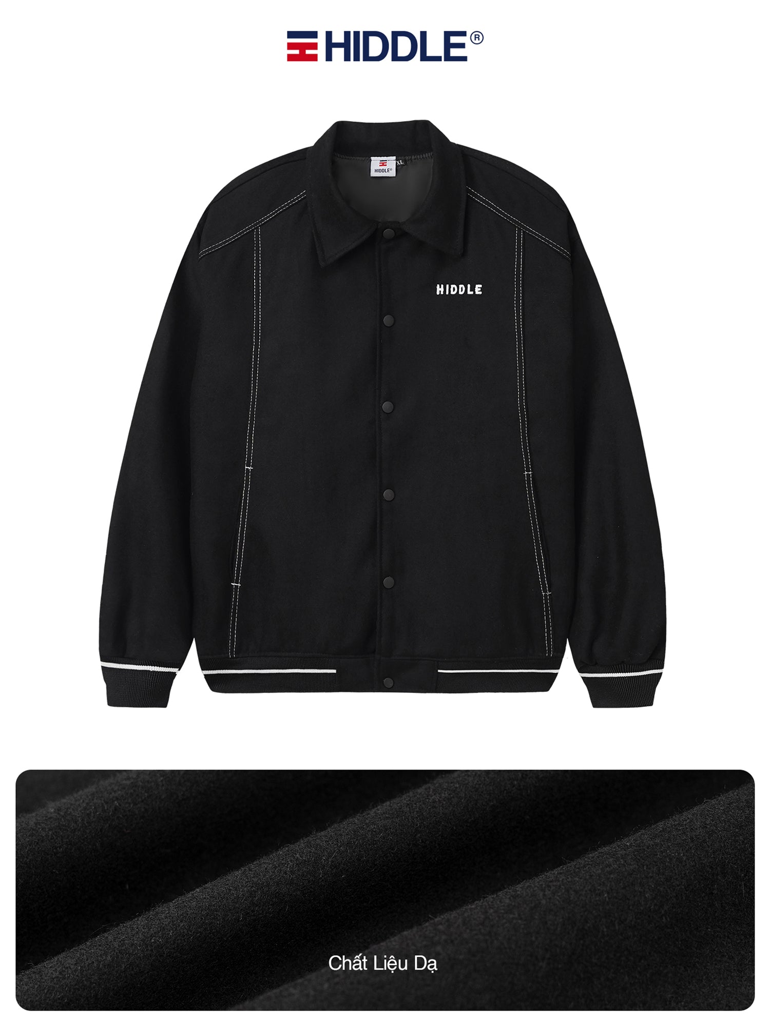 Black jacket with white piping on a white background, featuring the Hiddle brand.