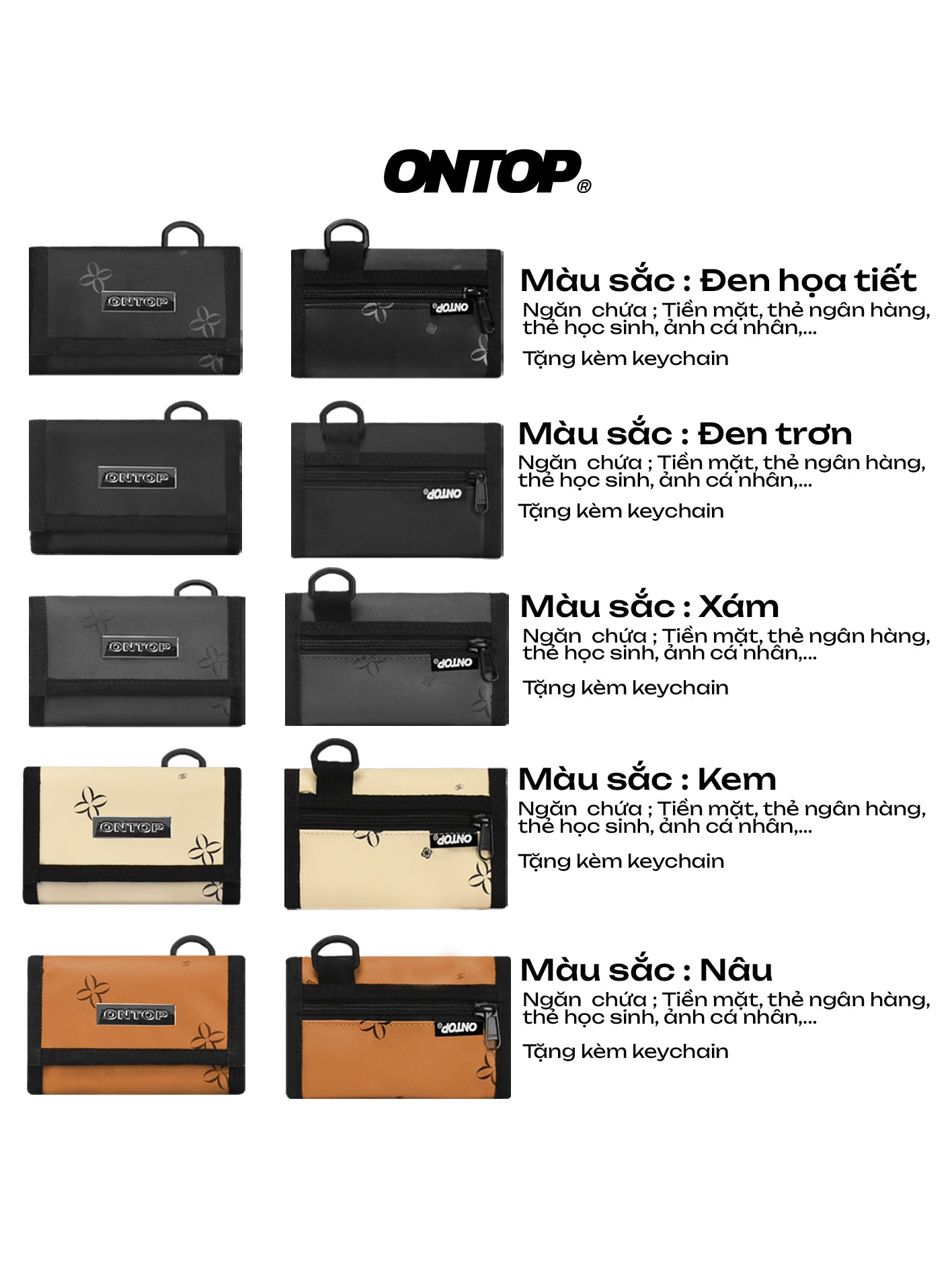 Collection of black, beige, and brown pouches with keychain attachments on a white background.