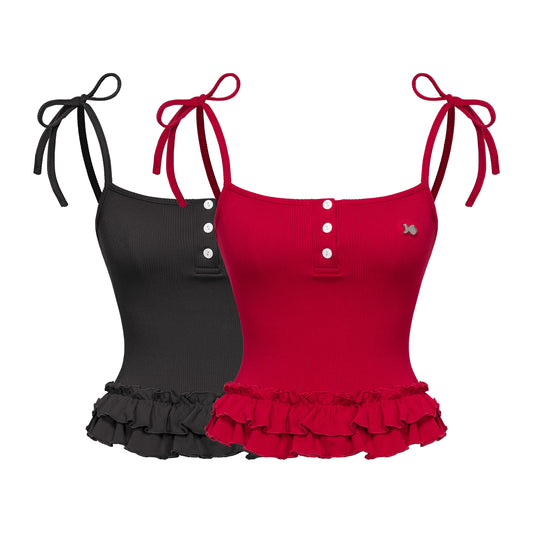 Black and red tank tops with ruffled hem and bow straps on a white background