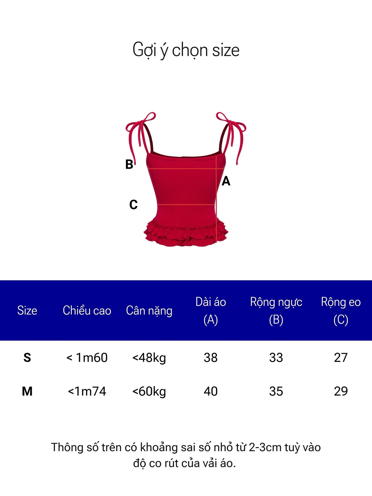 Red dress with size chart on a white background