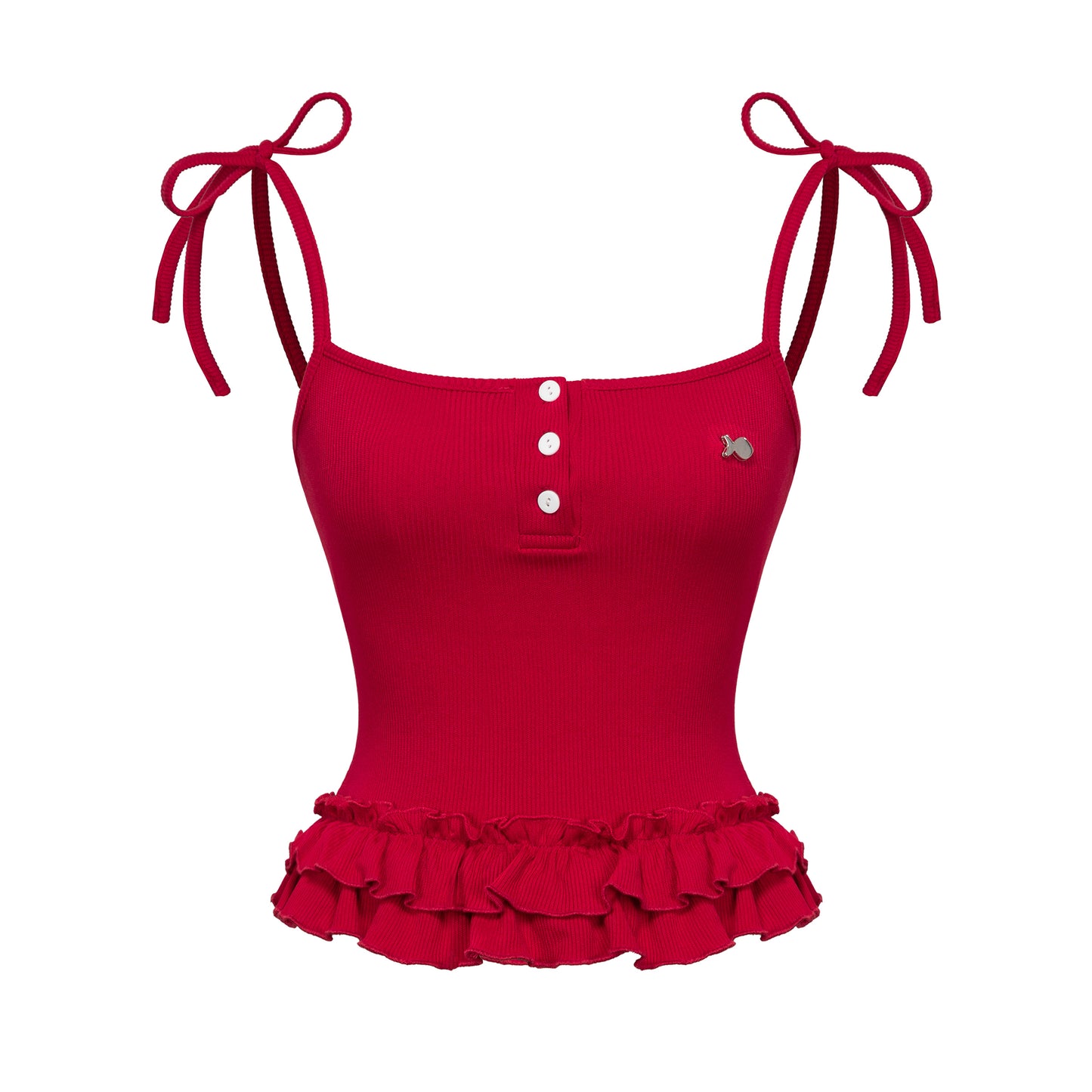 Red tank top with ruffled bottom and tied straps on a white background