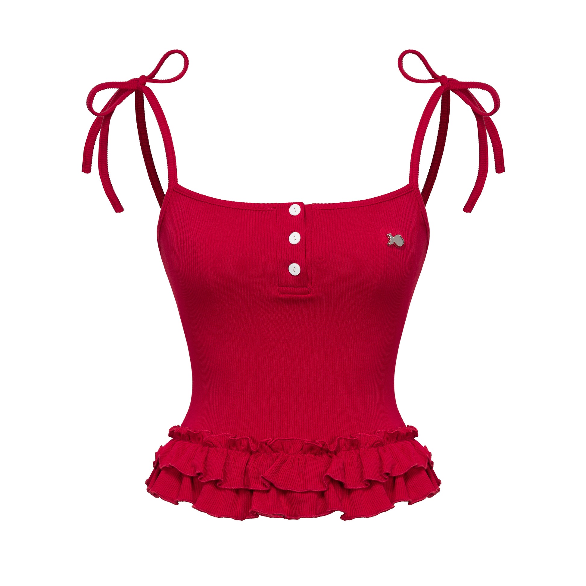Red tank top with ruffled bottom and tied straps on a white background