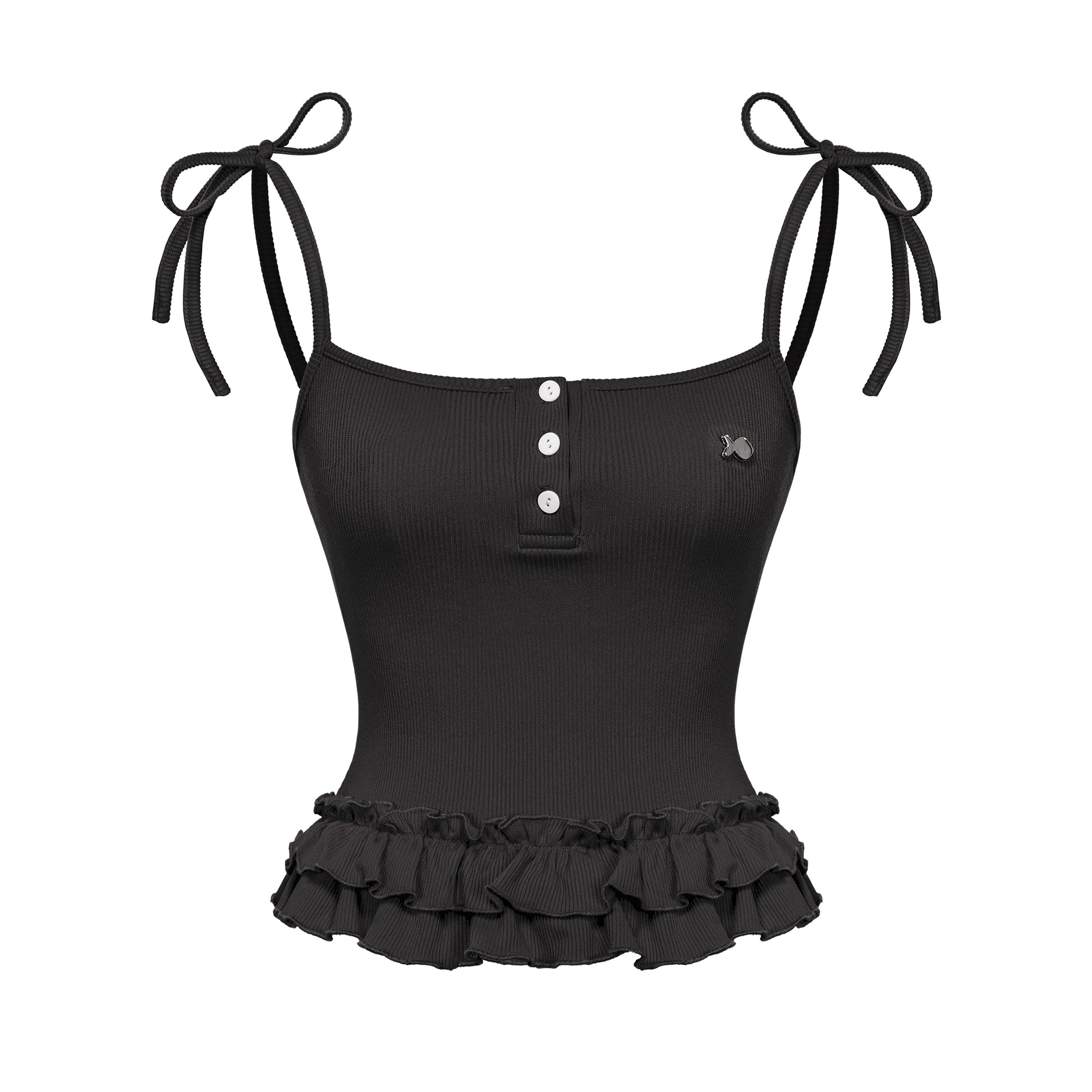 Black swimsuit with ruffled bottom and bow straps on a white background