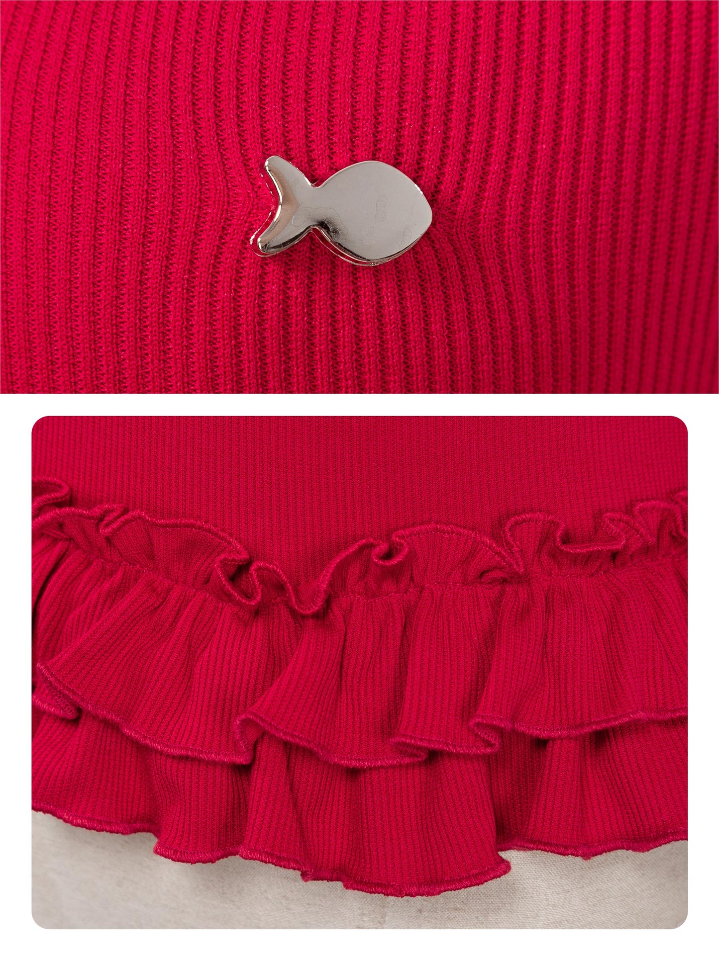 Red knit garment with a small decorative item on a red background