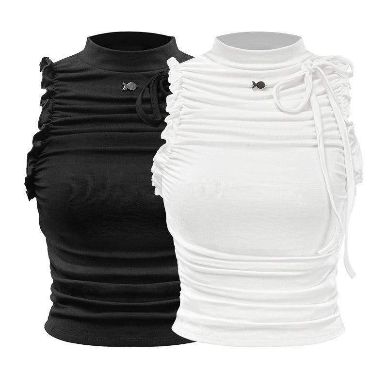 Black and white ruched tops on a white background