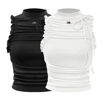 Black and white ruched tops on a white background