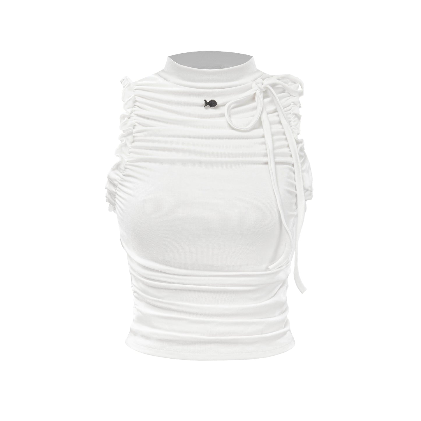 White sleeveless top with ruched design on a white background
