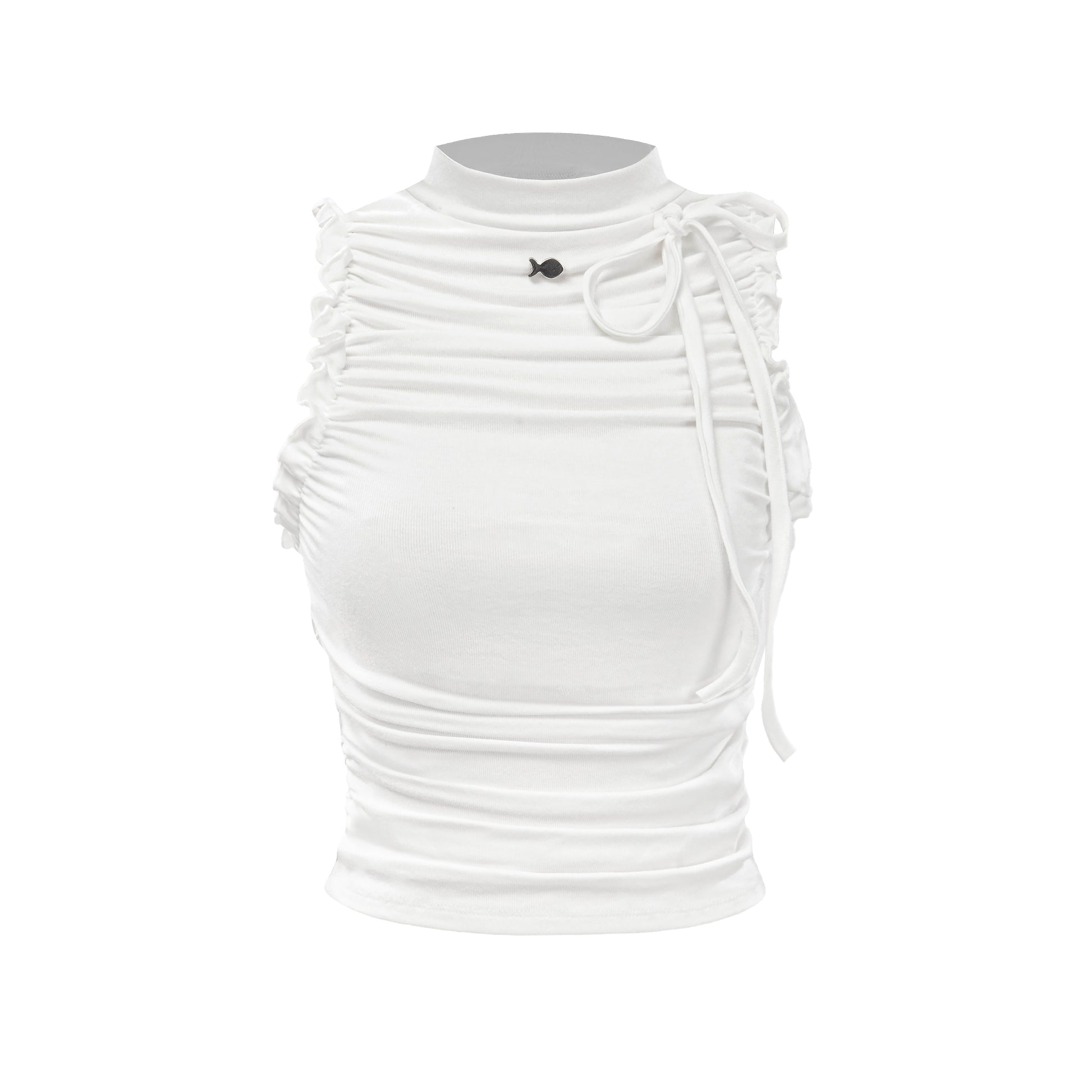 White sleeveless top with ruched design on a white background