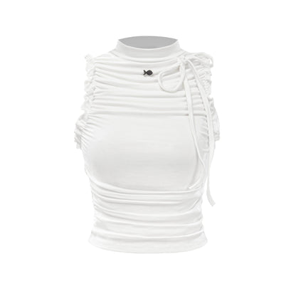 White sleeveless top with ruched design on a white background