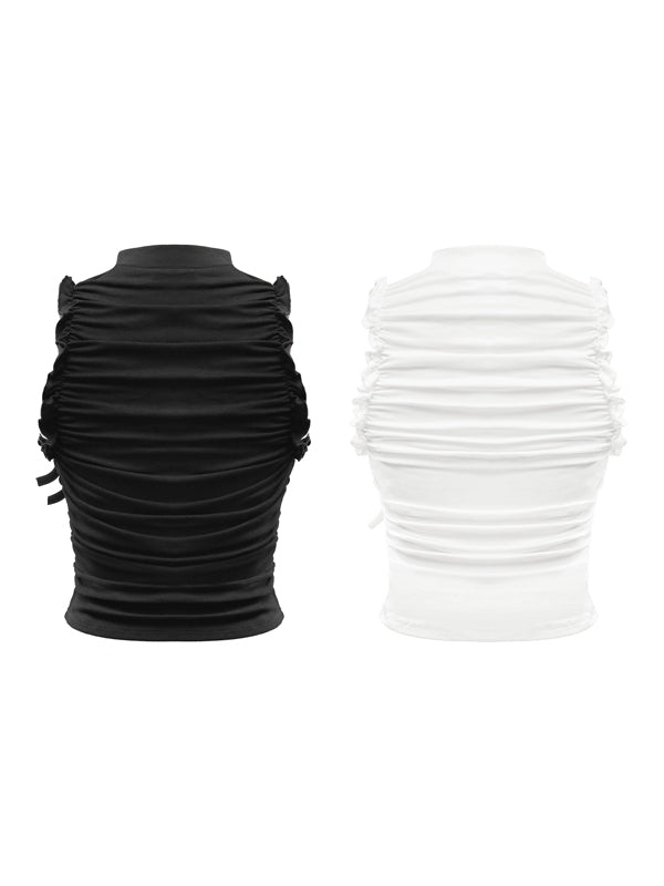Black and white ruched sleeveless tops on a white background