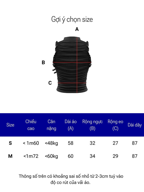 Size chart for a black dress with measurements in centimeters