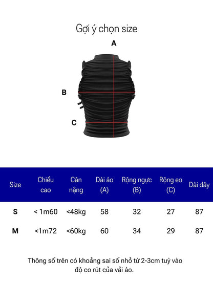 Size chart for a black dress with measurements in centimeters