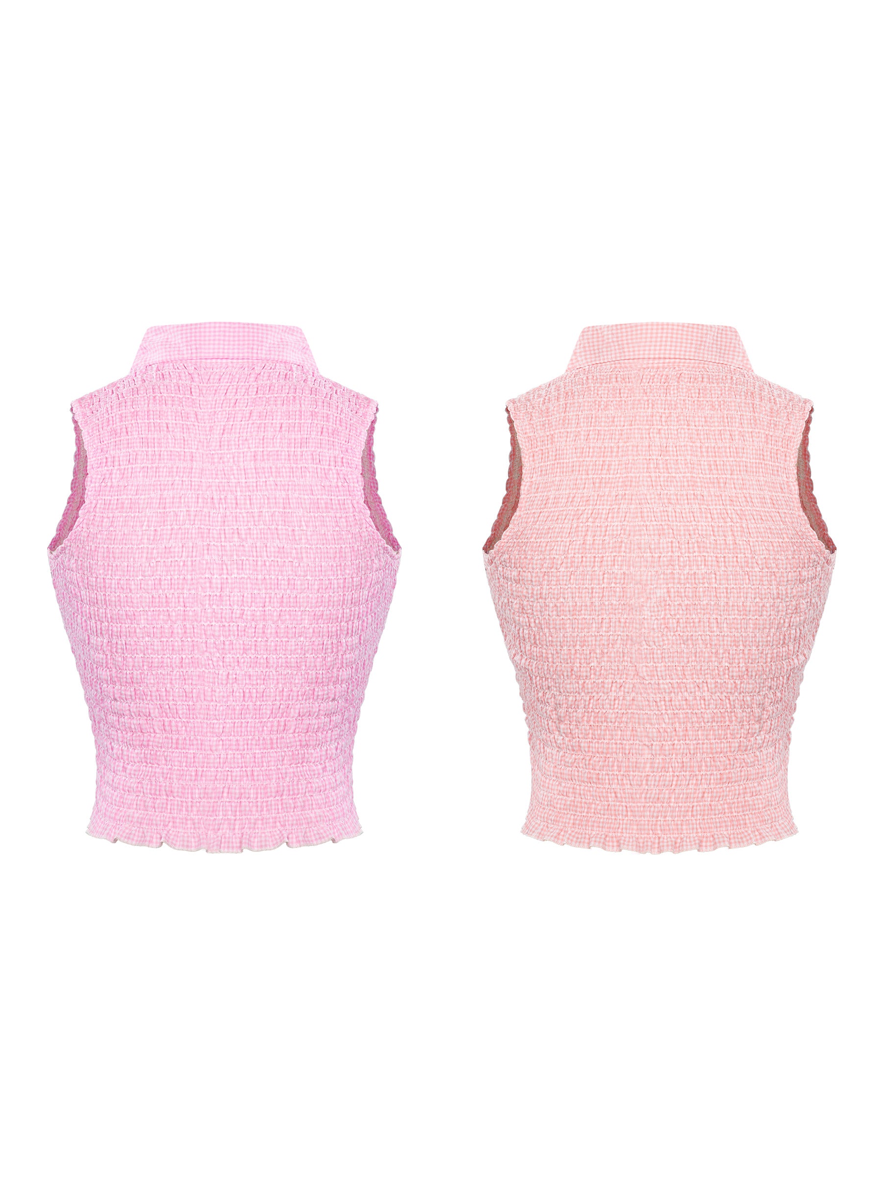 Pink sleeveless crop top shown from front and back on a white background