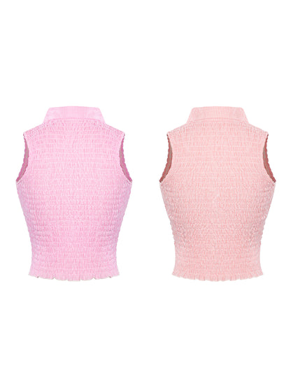 Pink sleeveless crop top shown from front and back on a white background