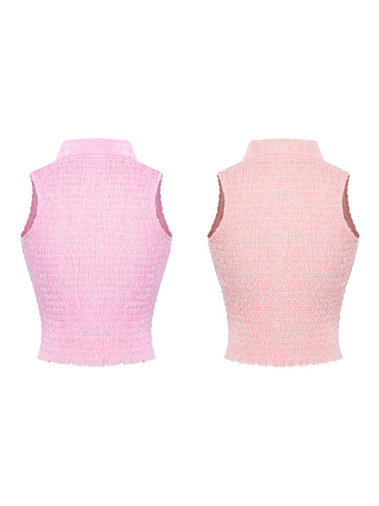 Pink sleeveless crop top shown from front and back on a white background