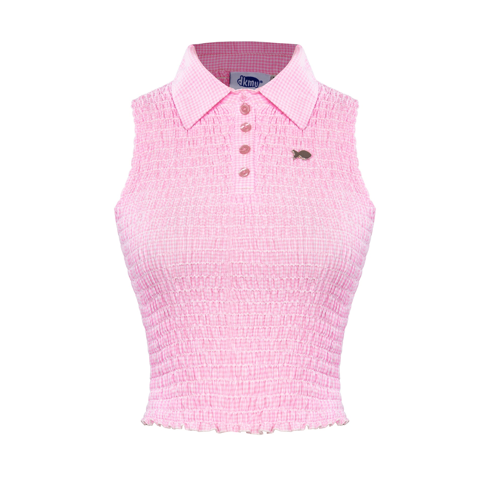 Pink checkered sleeveless top with a small fish design on a white background