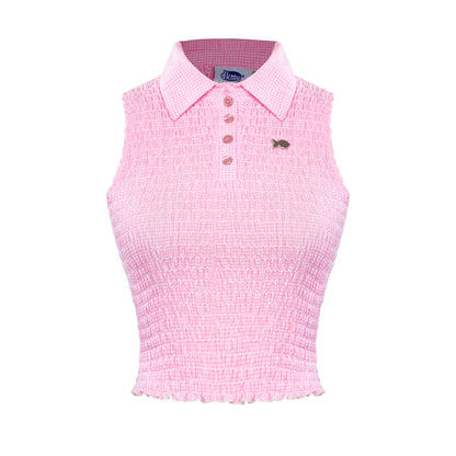Pink checkered sleeveless top with a small fish design on a white background