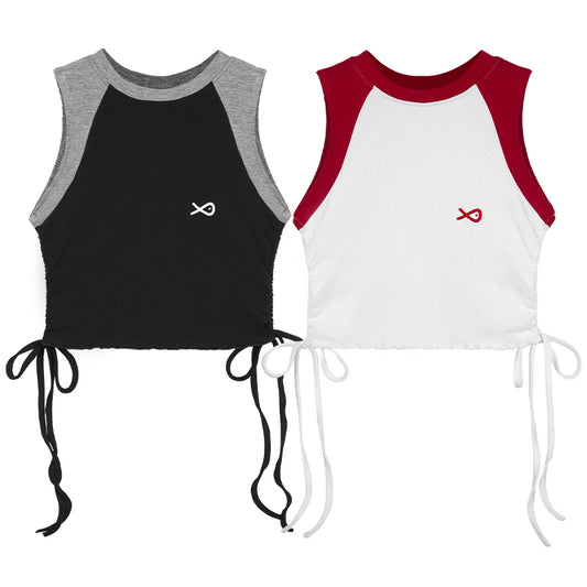 Two sleeveless tops, one black and gray with a fish symbol, the other white and red with a circle symbol, on a white background.