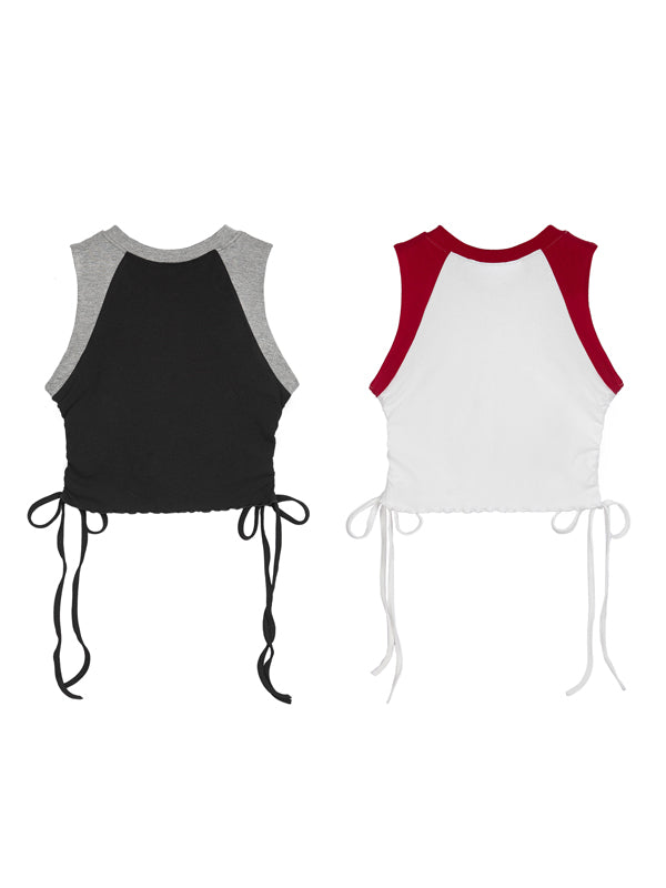 Black sleeveless top with gray sleeves and white tank top with red sleeves on a white background