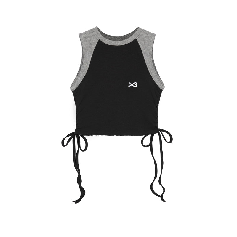 Black sleeveless top with gray sleeves and drawstrings on a white background