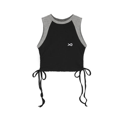 Black sleeveless top with gray sleeves and drawstrings on a white background