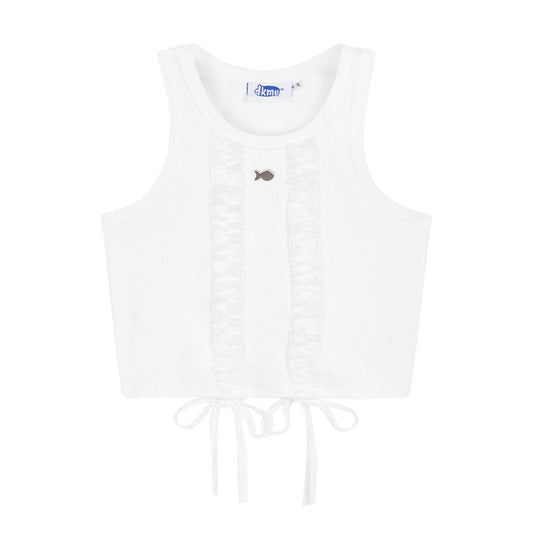 White tank top with a small fish design on a white background