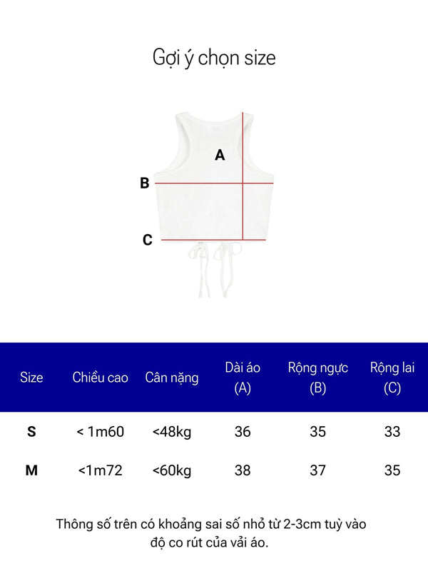 Size chart for a white tank top with measurements on a white background