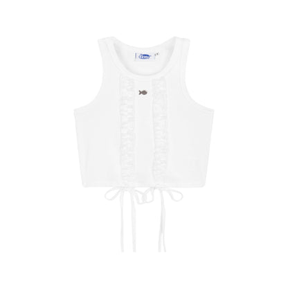 White tank top with a small logo on a white background