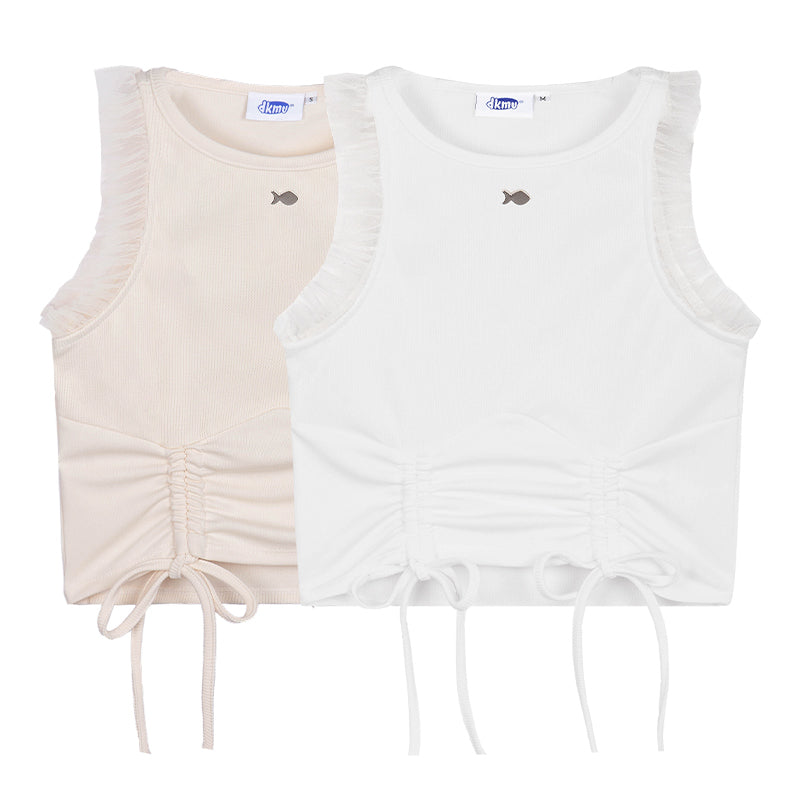 Two sleeveless tops, one beige and one white, with ruched design and fish embroidery on a white background.