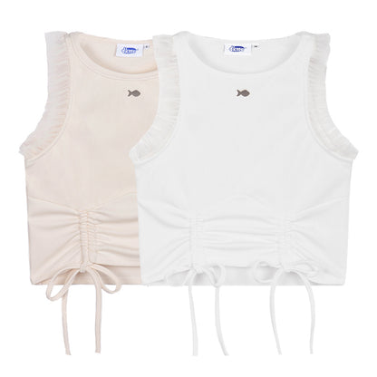 Two sleeveless tops, one beige and one white, with ruched design and fish embroidery on a white background.