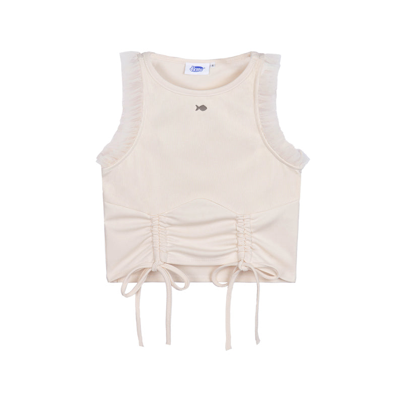 Beige sleeveless top with drawstring details on a white background
