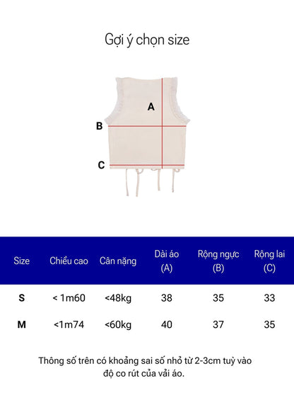 Size chart for a vest with measurements labeled A, B, and C on a white background.