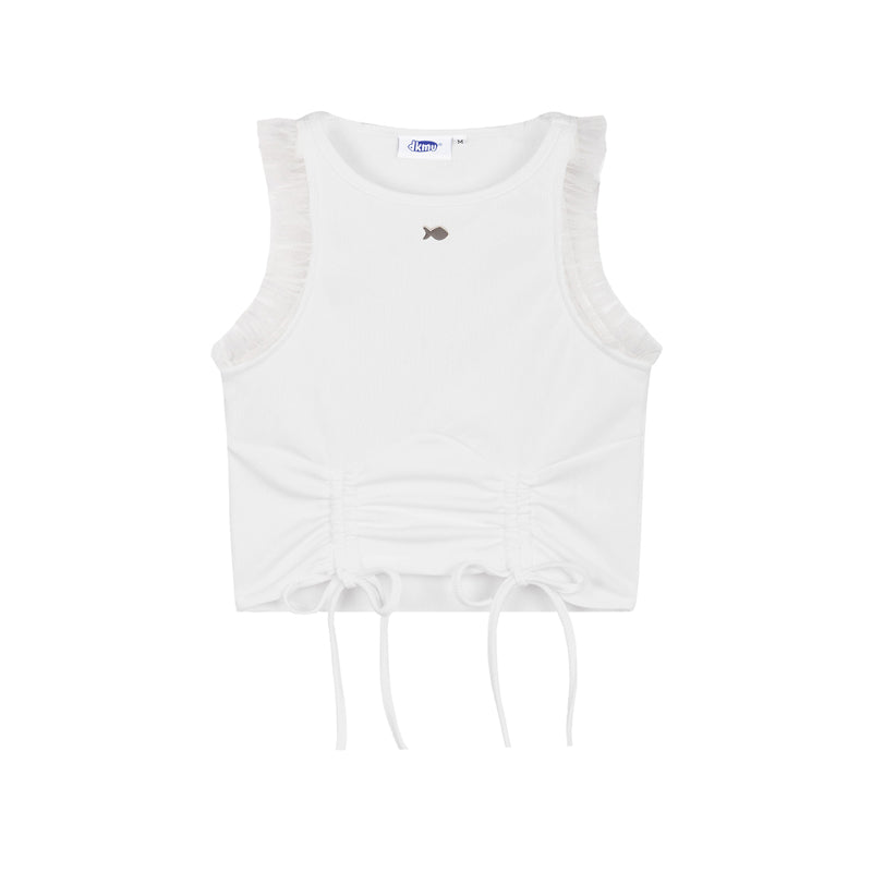 White sleeveless top with drawstring on a white background